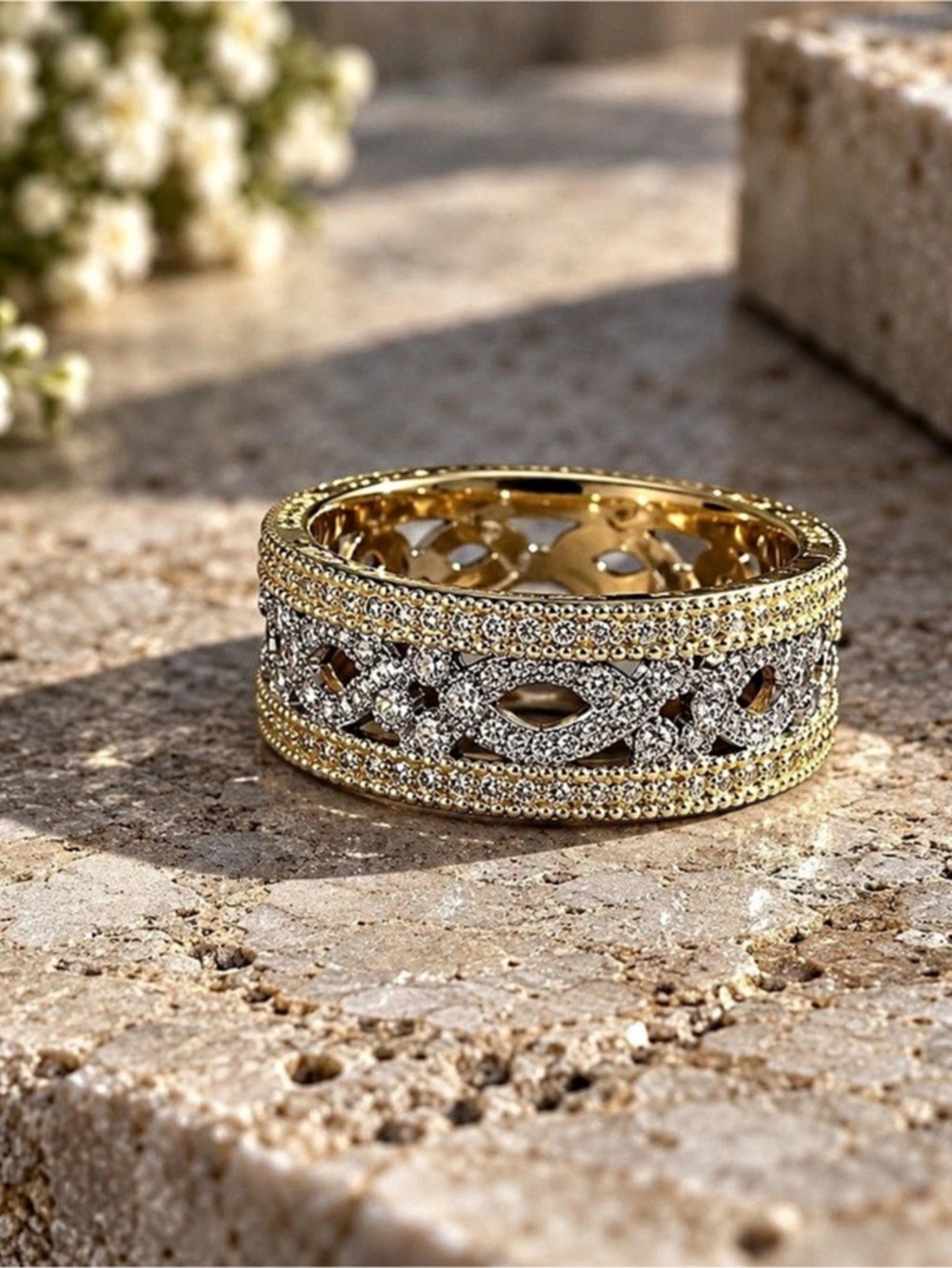 18K Gold Filled Two Tone Infinity Clear Stone Wide Band Ring Size 7